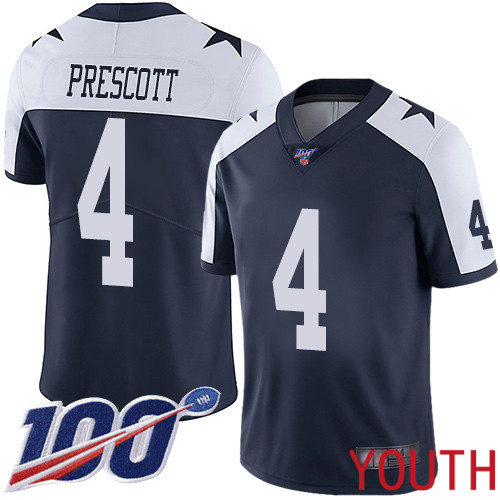 Youth Dallas Cowboys Limited Navy Blue Dak Prescott Alternate #4 100th Season Vapor Untouchable Throwback NFL Jersey->youth nfl jersey->Youth Jersey